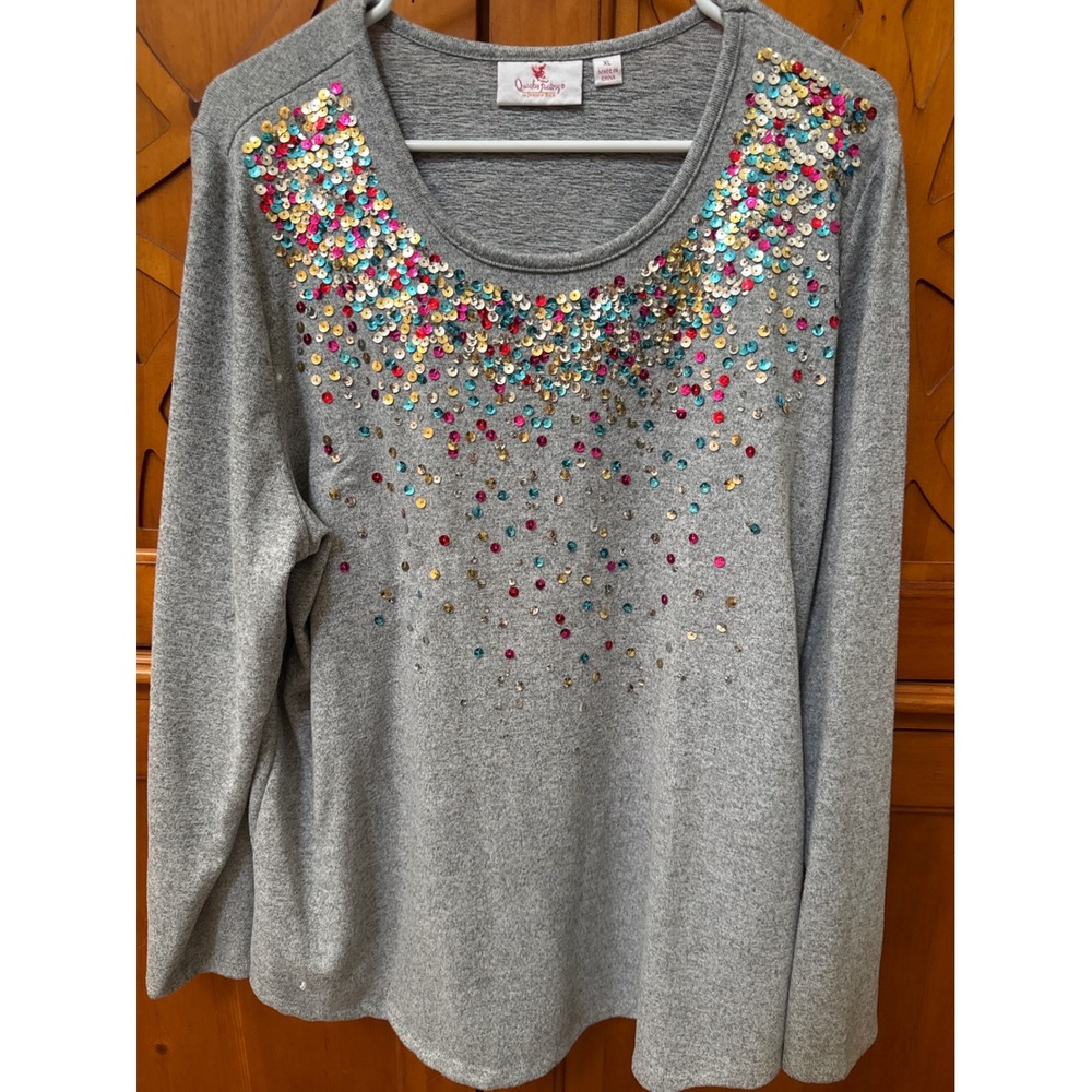 Quacker Factory Women XL Heather Gray Sequin Embellished Long Sleeve Knit Top